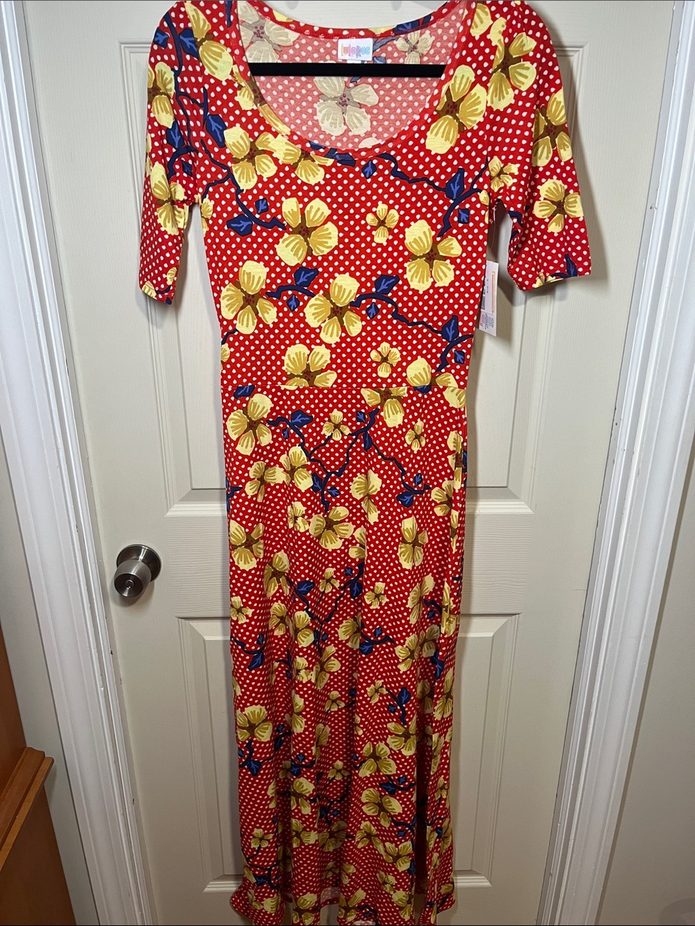 LuLaRoe Red Maxi Dress with Yellow Floral & Blue Accents